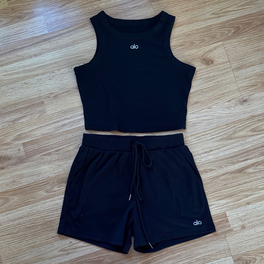 ALO Yoga Black Ribbed Cropped Tank & Drawstring Shorts Set